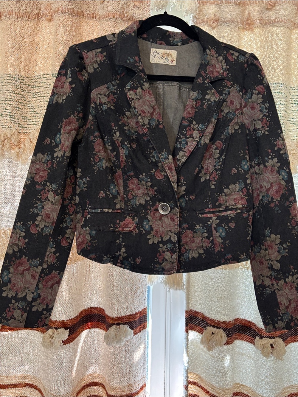 Free People Black Floral Cropped Blazer